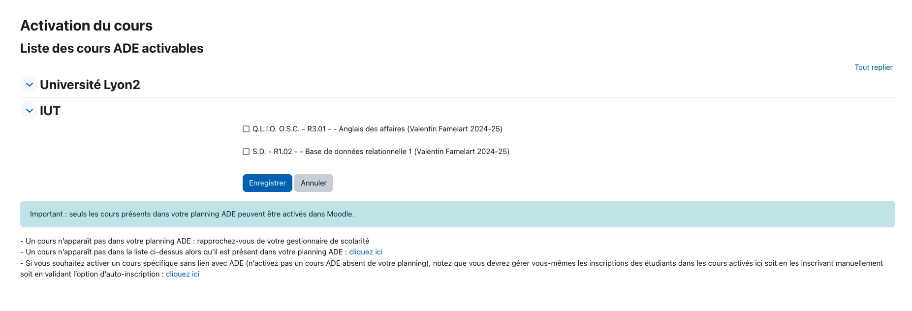 Page d'activation des cours Moodle, il n'y a pas de cours dans la catégorie Université et deux cours dans la catégorie IUT