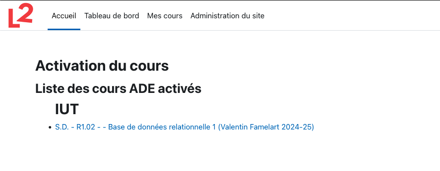 Page de validation d'activation d'un cours