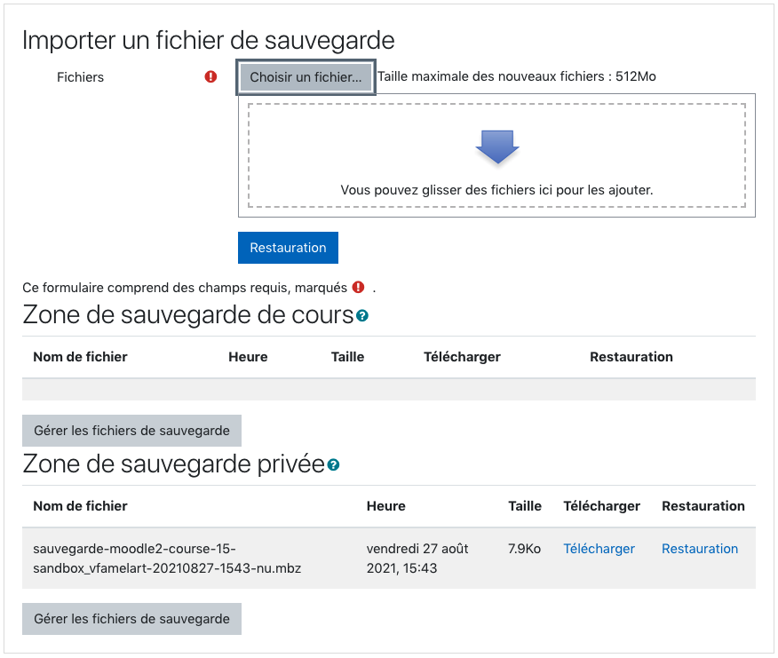 Page des sauvegardes Moodle