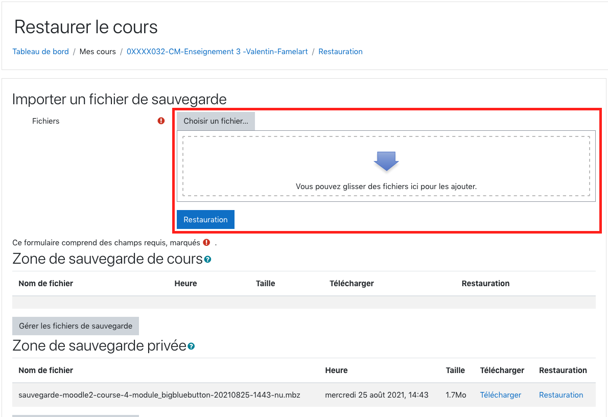 Zone de chargement des sauvegardes Moodle