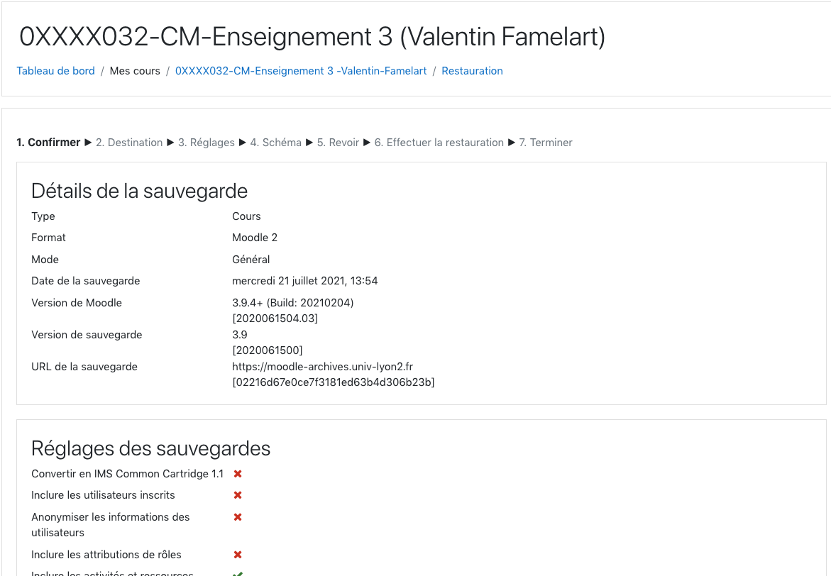 Résumé du contenu d'une archive de sauvegarde Moodle