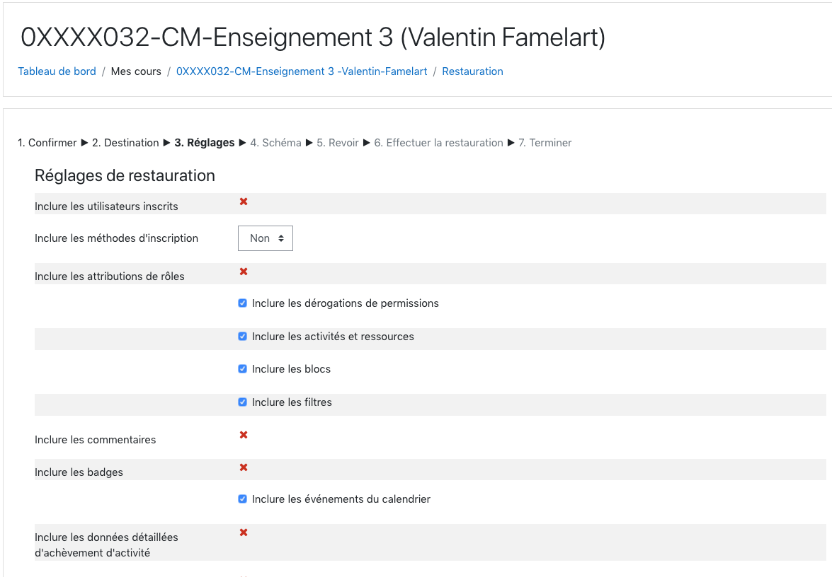 Réglages de restauration