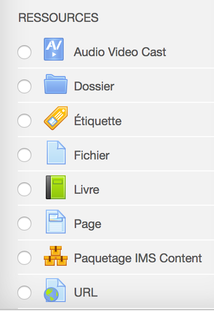 image représentant la liste des ressources proposées par Moodle