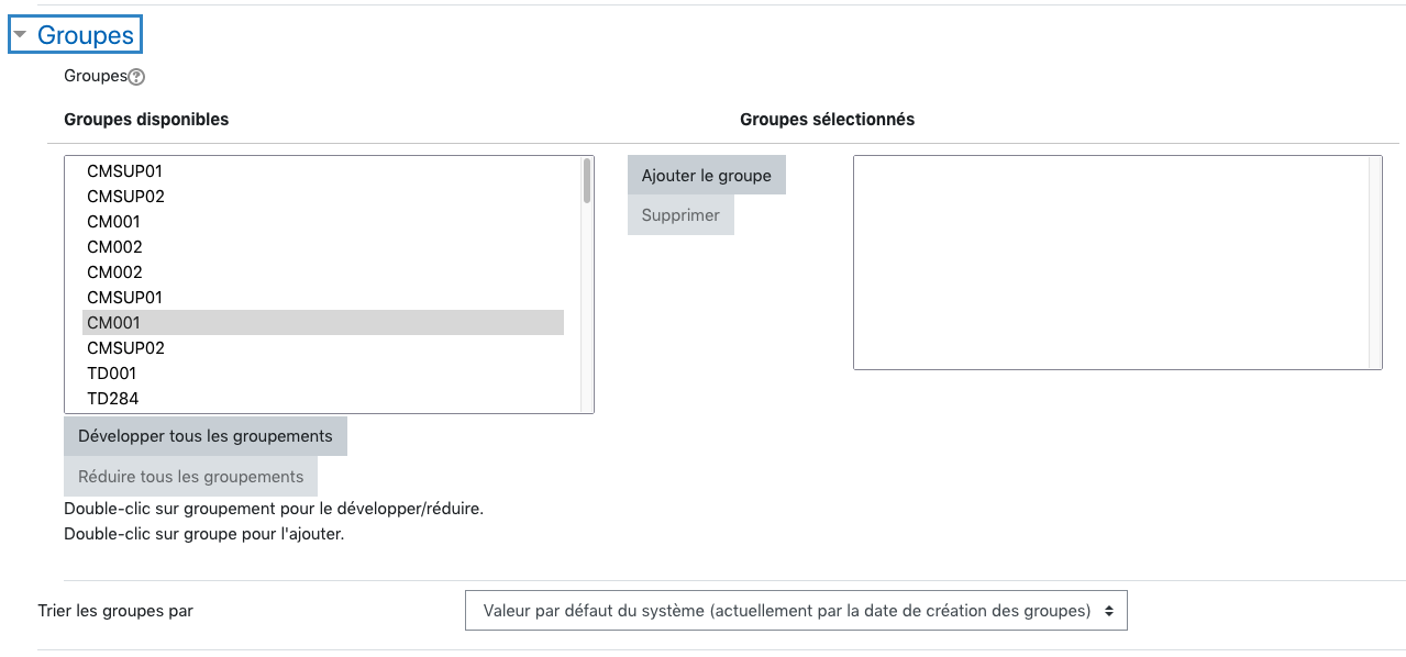 Paramétrage d'une activité choix de groupe, menu de sélection des groupes concernés par l'activité 