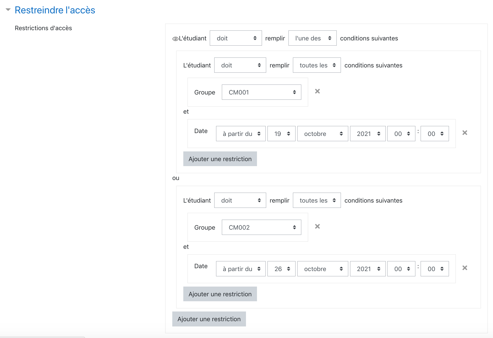 Capture d'un jeu de restrictions d'accès