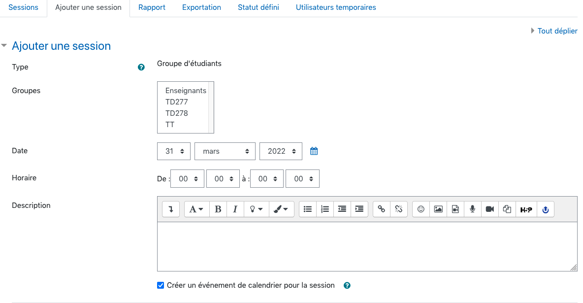 Ajout d'une session à l'activité Présence