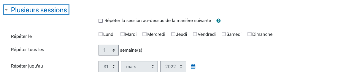 Menu plusieurs sessions dans l'ajout d'une nouvelle session de l'activité Présence