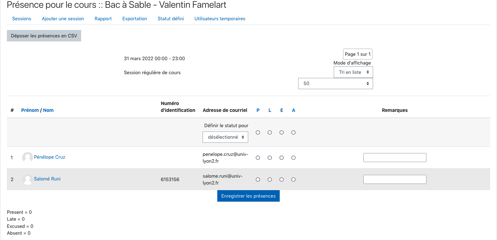 Exemple d'écran de prise des présences