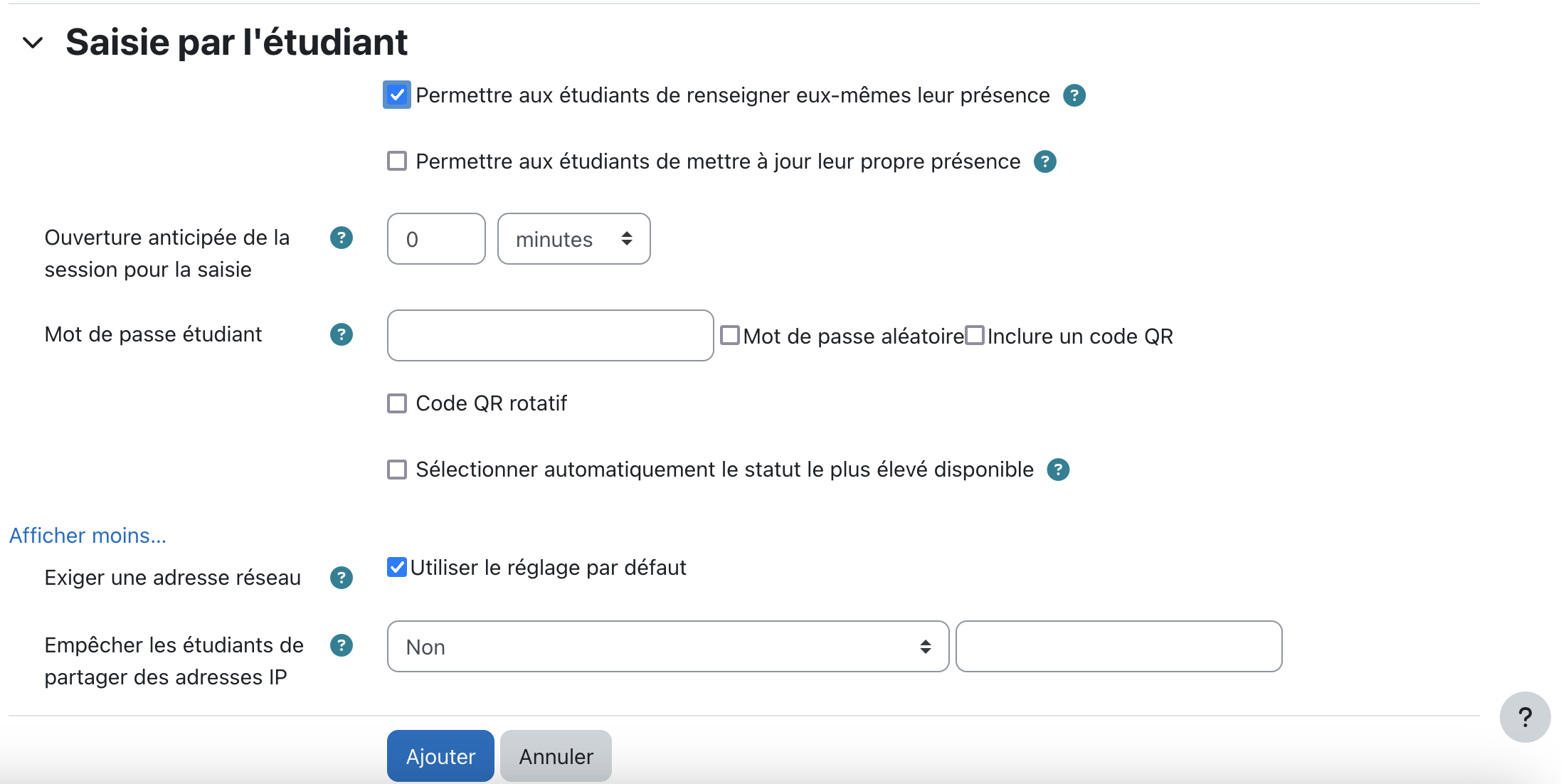 Configuration de saisie de présence par l'étudiant