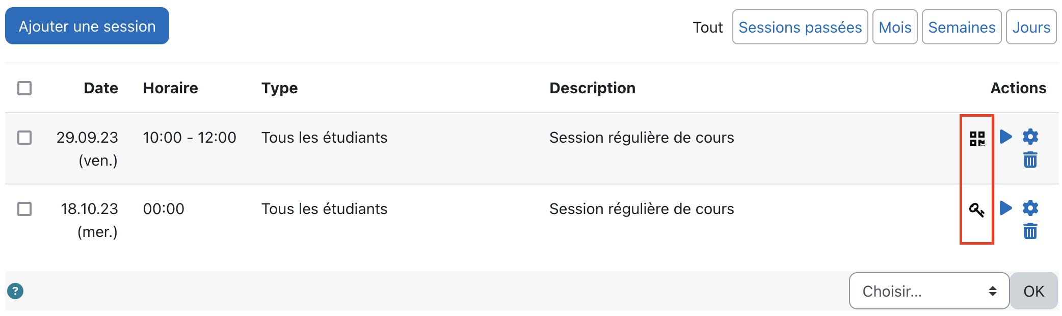 Deux sessions de cours, l'une avec un QR code, l'autre avec un mot de passe