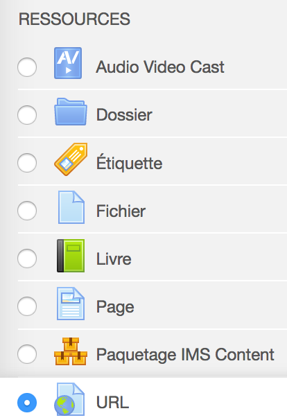 L'image montre le choix de la ressource de type "URL" dans la liste des ressources proposées par Moodle