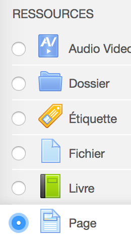 L'image montre le choix de la ressource de type "Page" dans la liste des ressources proposées par Moodle