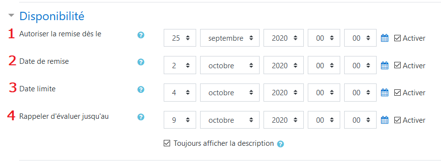 Capture d'écran du paramètre disponibilité pour l'activité devoir
