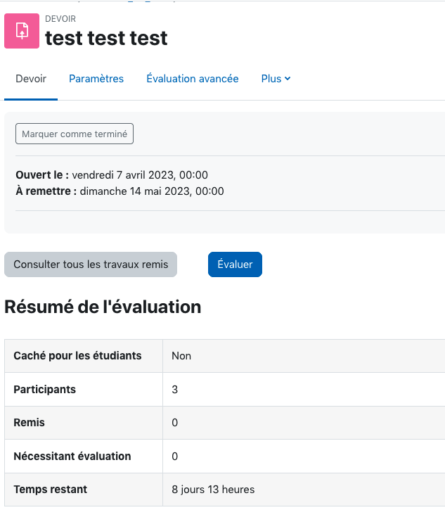 l'image montre l'écran obtenu par l'enseignant quand il clique sur le lien de l'activité devoir