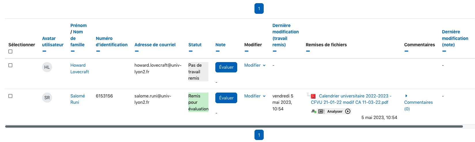 L'image montre l'écran obtenu après avoir cliqué sur le lien pour consulter les travaux remis