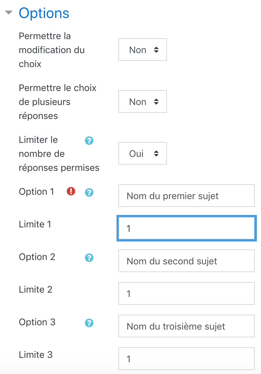 Le menu Options dans les paramètres de l'activité Sondage sur Moodle