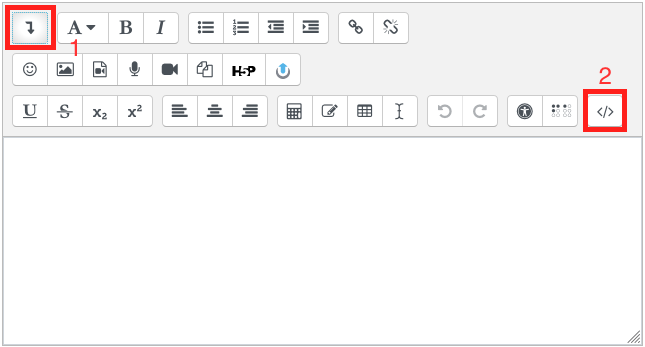 L'éditeur de texte de Moodle, les boutons Afficher plus d'options (1) et Code source (2) sont entourés