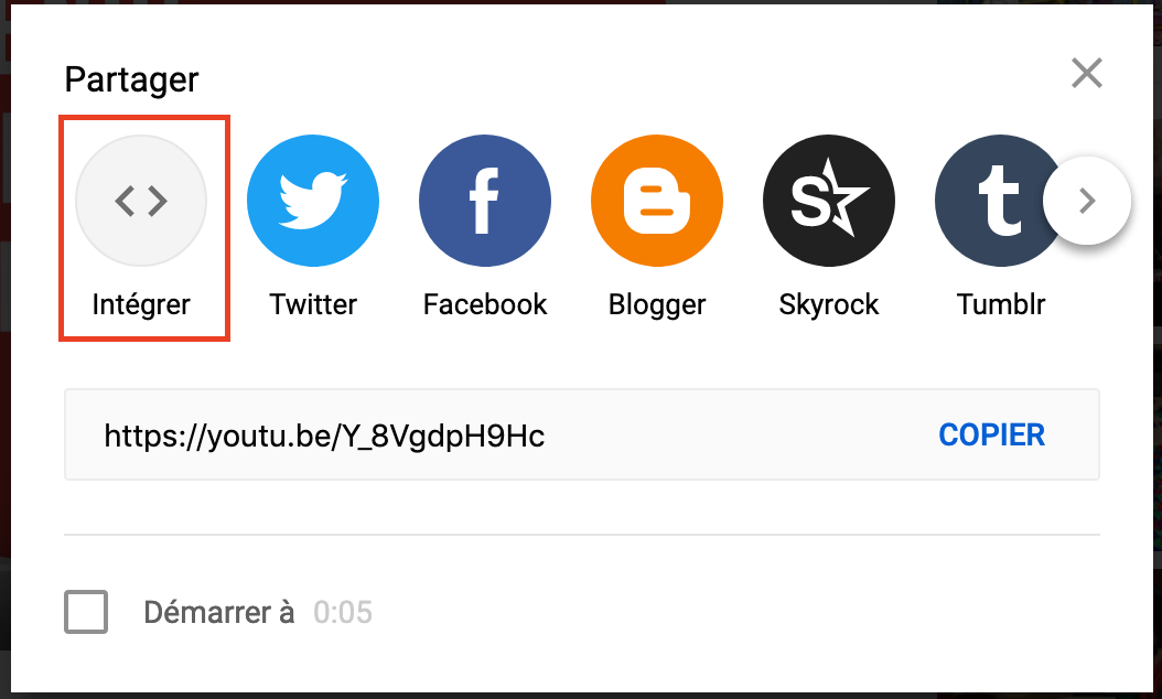 Bouton intégrer de l'écran partager de youtube