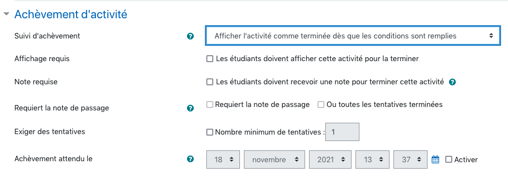 Achèvement d'activité d'une activité Test