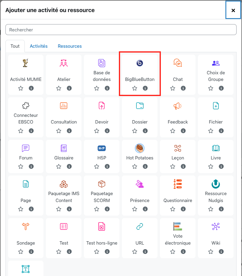 Sélecteur d'activité de Moodle, l'activité BigBlueButton, quatrième dans la liste, est mise en valeur