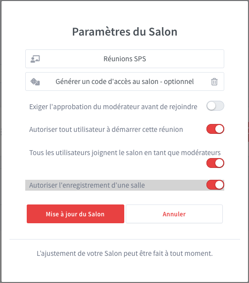 Paramètres d'un salon Greenlight