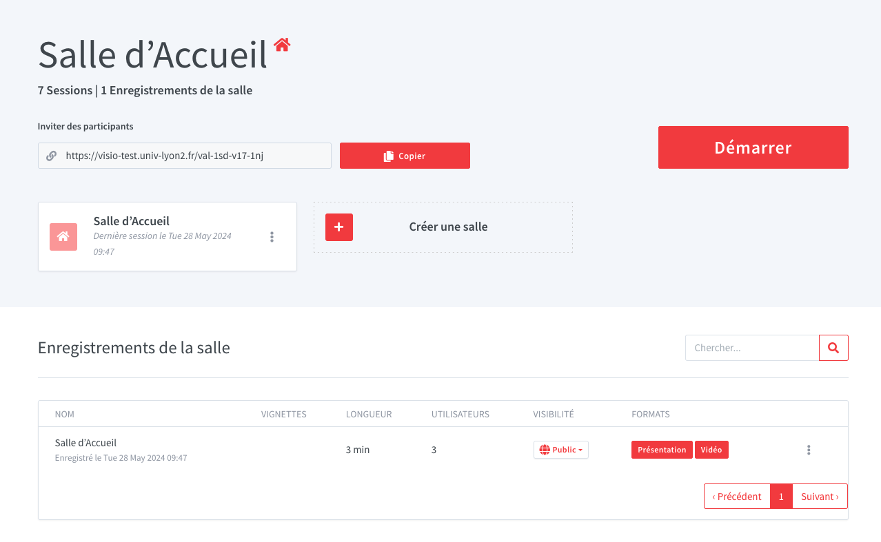 Capture d'écran d'un salon BigBlueButton avec un enregistrement disponible aux formats présentation et vidéo