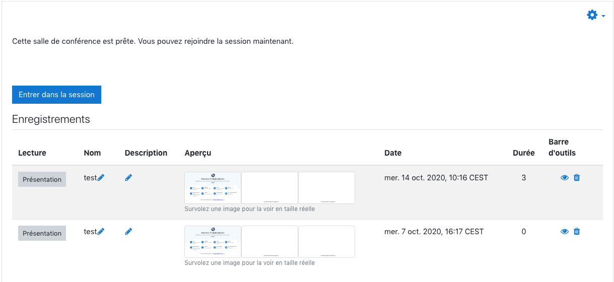 Une activité Big Blue Button avec deux enregistrements consultables