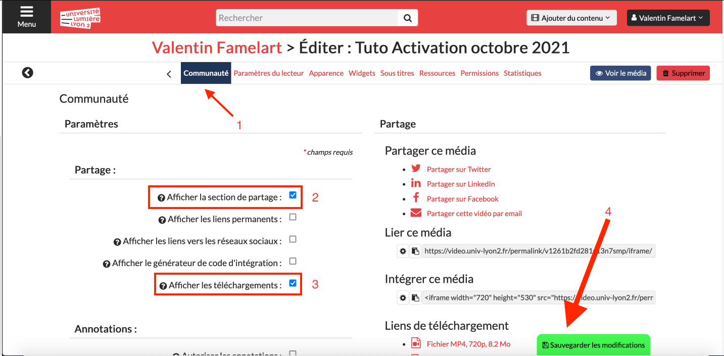 Page Communauté de l'édition d'une vidéo Ubicast