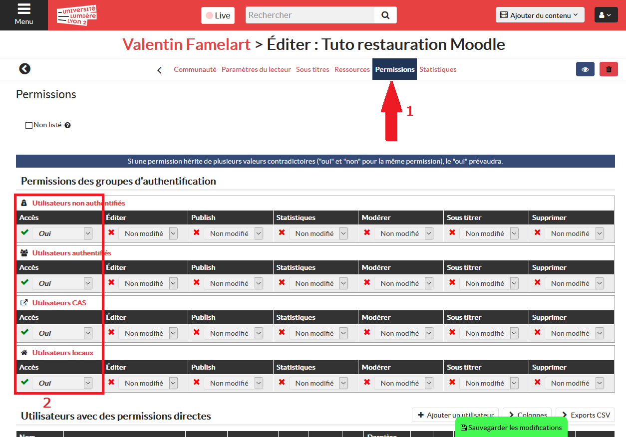 Tableau des permissions Ubicast