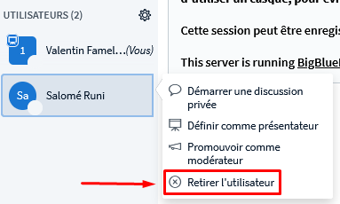 Retirer un utilisateur d'une réunion BBB