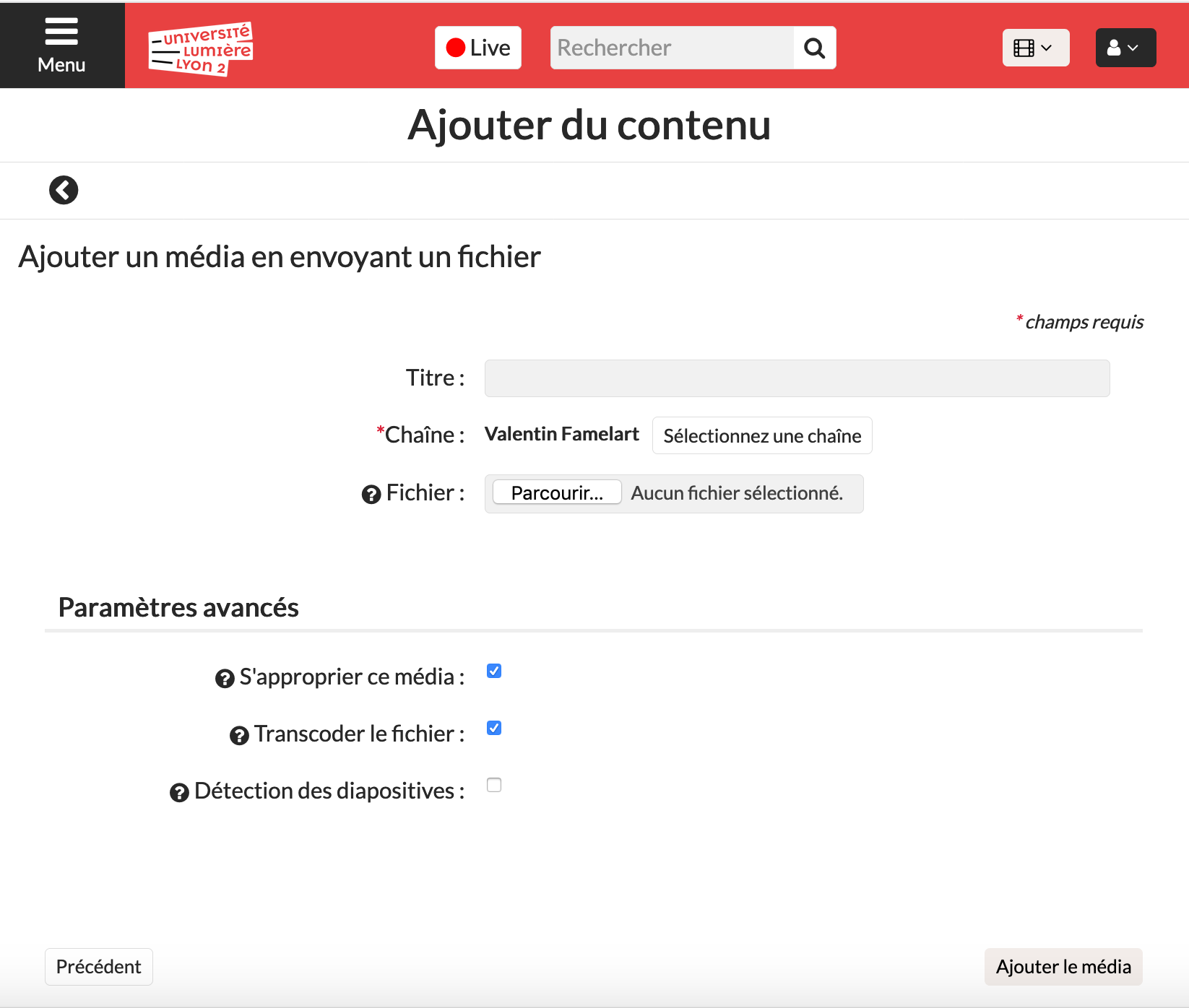 la page Ajouter du contenu du Media Center