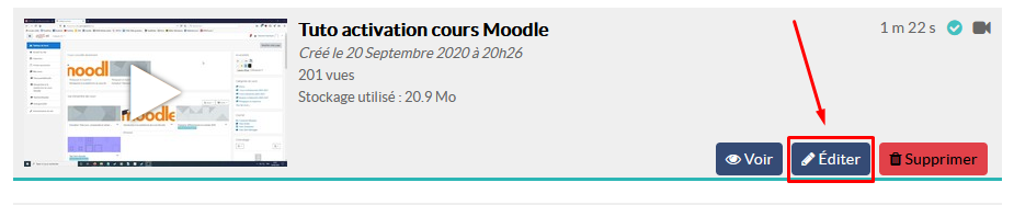 Une vidéo du Media Server, le bouton Éditer est mis en valeur.
