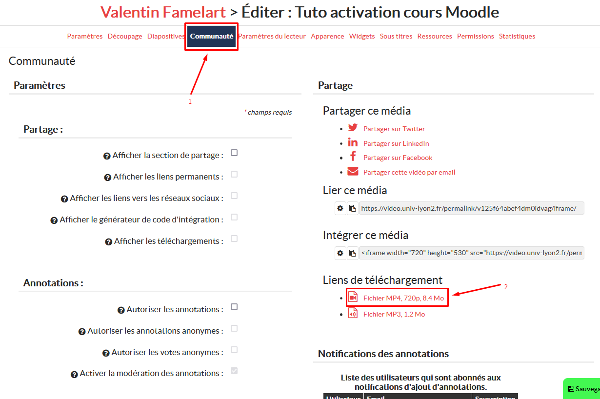 Édition d'une vidéo Ubicast, le menu Communauté (1) est entouré, le bouton de téléchargement mp4 (2) est entouré