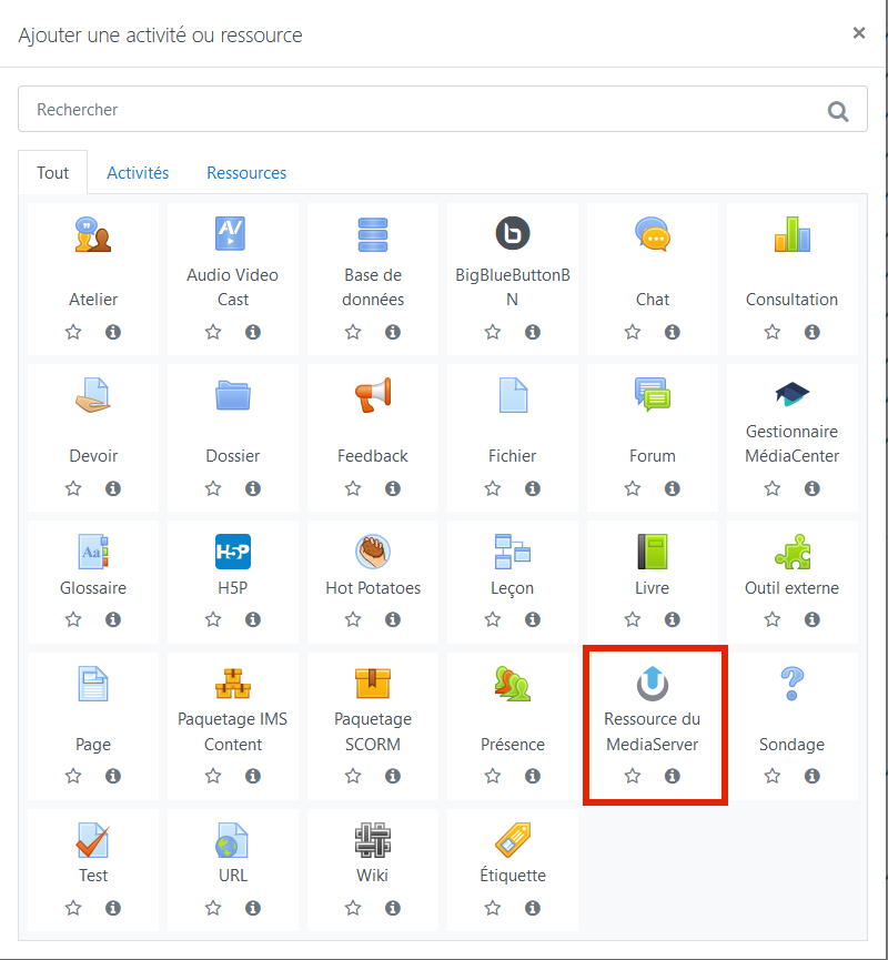 Sélecteur d'activité, l'activité ressource du media server est entourée