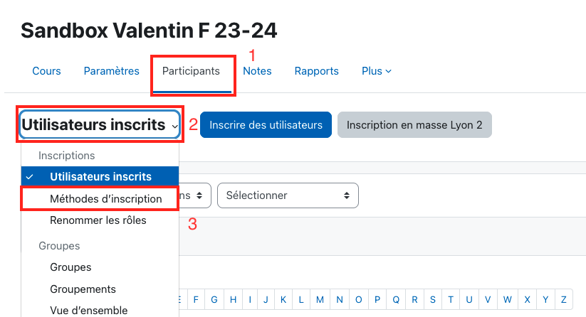 Capture d'écran d'un cours Moodle, les boutons Participants, Utilisateurs inscrits et Méthode d'inscription sont entourés