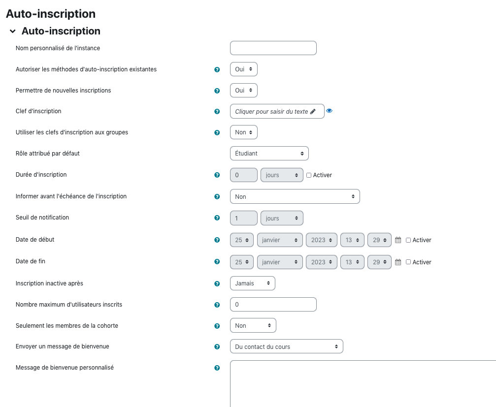 Écran de paramétrage d'une méthode d'auto inscription