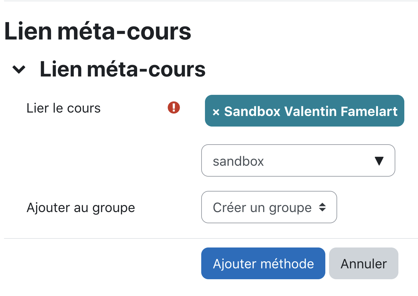 Paramétrage d'un lien meta cours