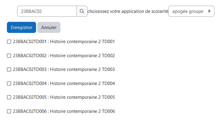 Copie d'écran de la page d'inscription de masse, un enseignement a été cherché et le système a trouvé plusieurs groupes