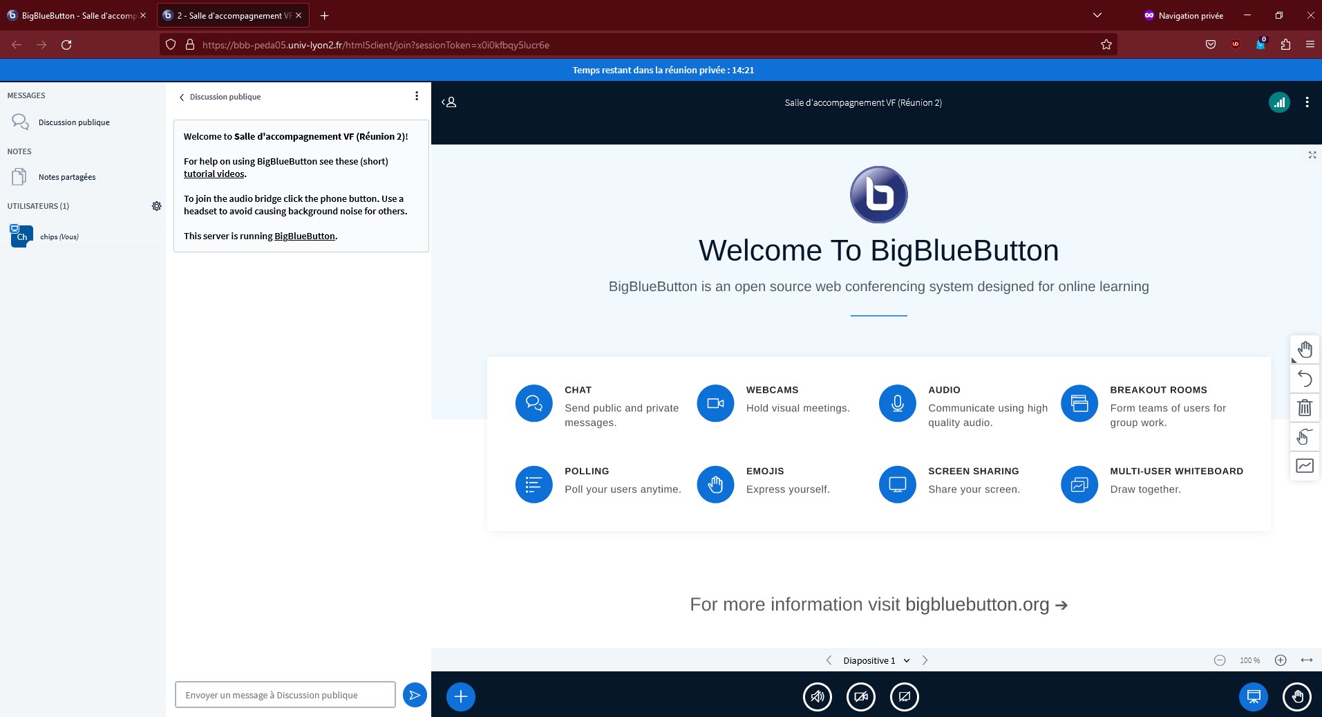 Capture d'une salle de groupe BigBlueButton