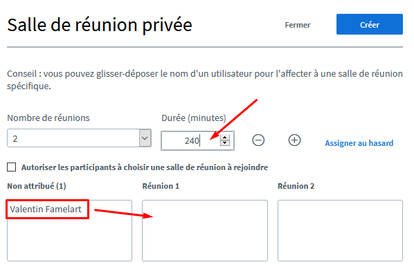 Paramétrage des réunions privées