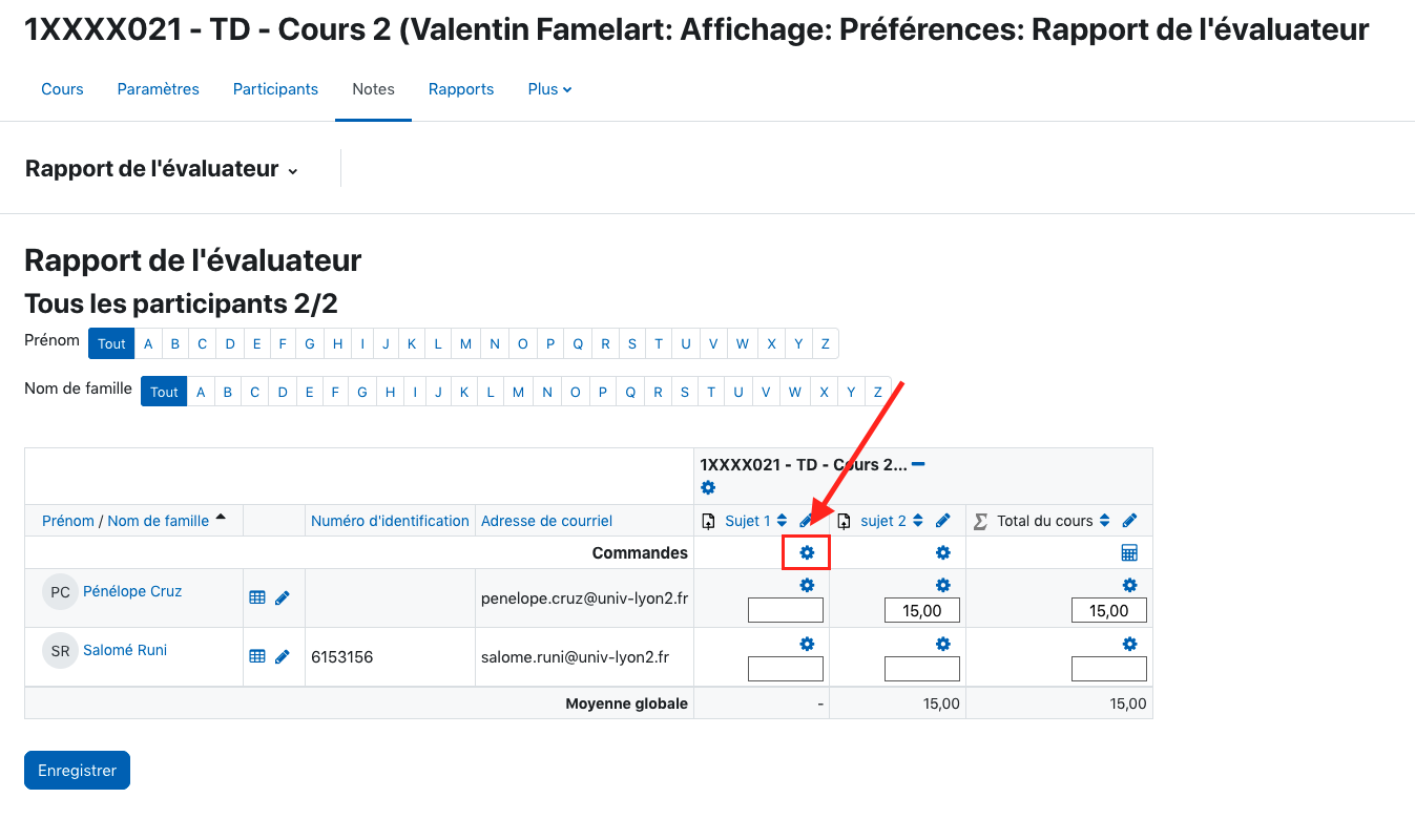 Un carnet de notes Moodle avec le mode édition activé