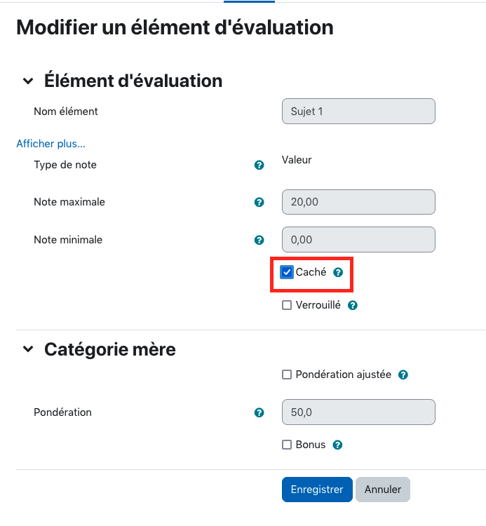 Écran Modifier un élément d'évaluation