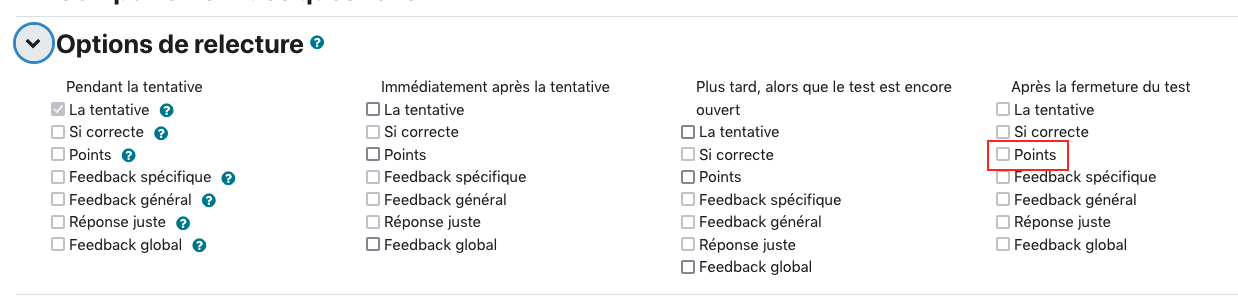 Options de relecture d'une activité Test