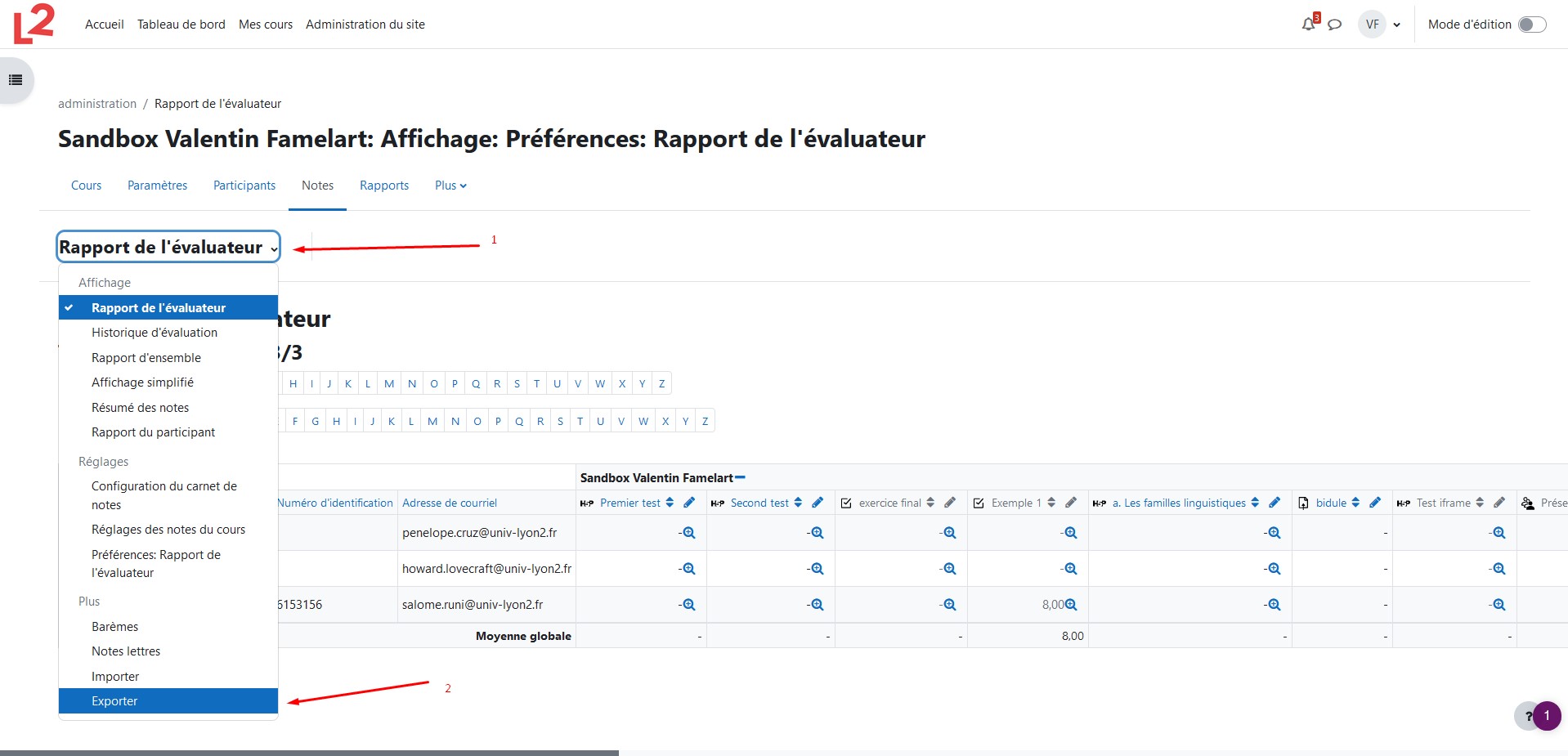 Carnet de notes de Moodle, le menu des options est ouvert