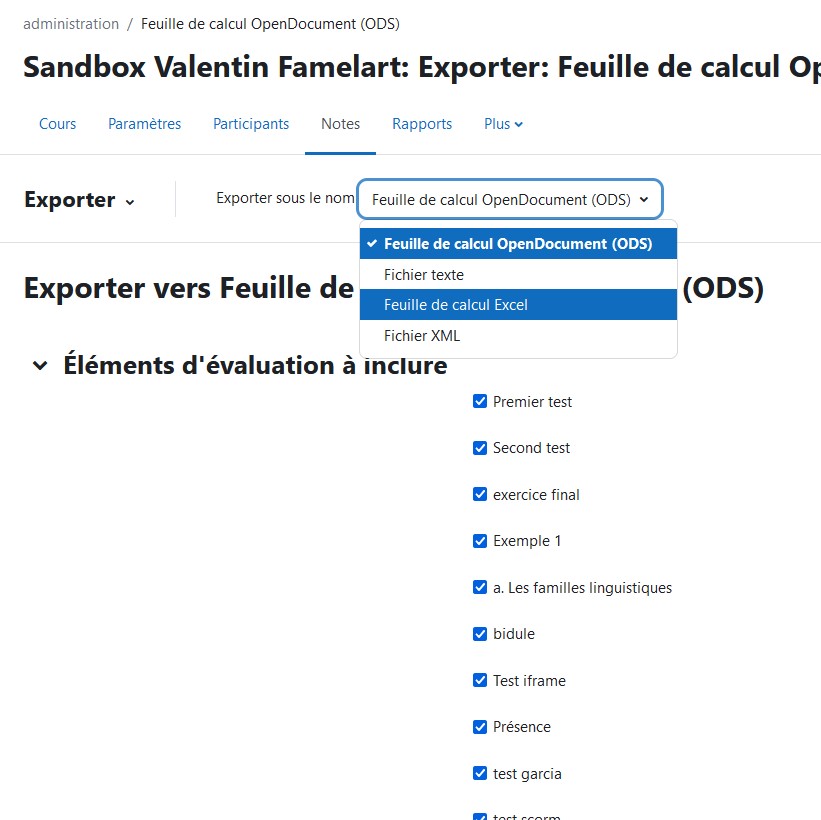 Export des notes d'un cours Moodle