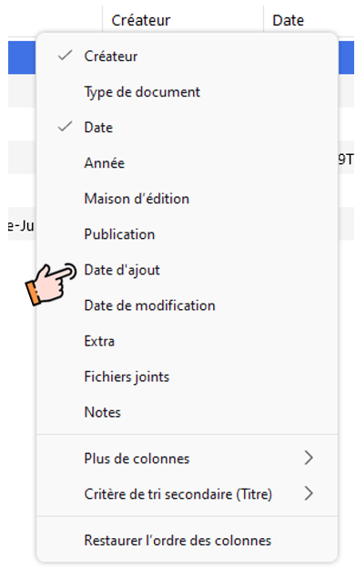 Menu de choix des colonnes