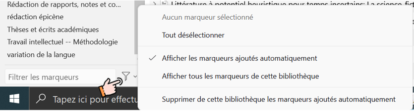 Filtres du sélecteur de marqueurs