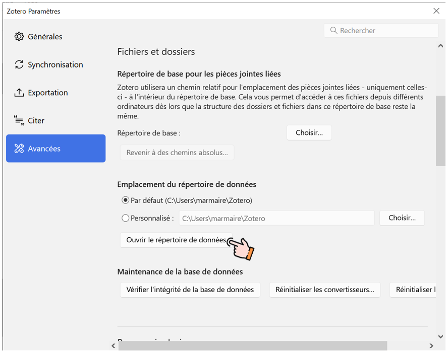 Localiser le dossier de stockage de Zotero