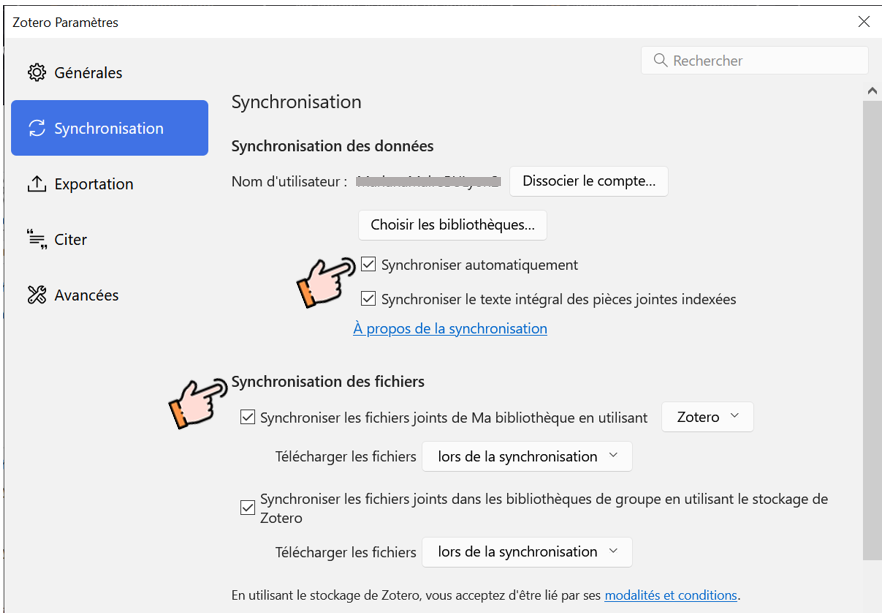 Réglages de la synchronisation de compte