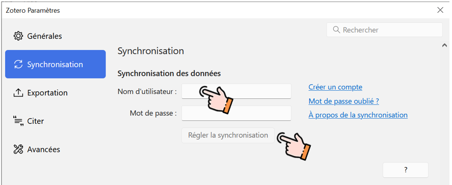 Menu Synchronisation des paramètres